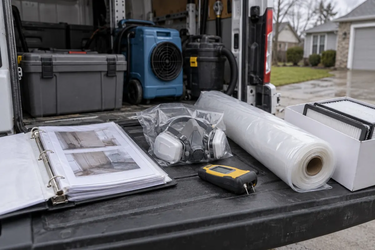 Illustration: job documentation binder, respirator and remediation supplies laid out on a work van tailgate.
