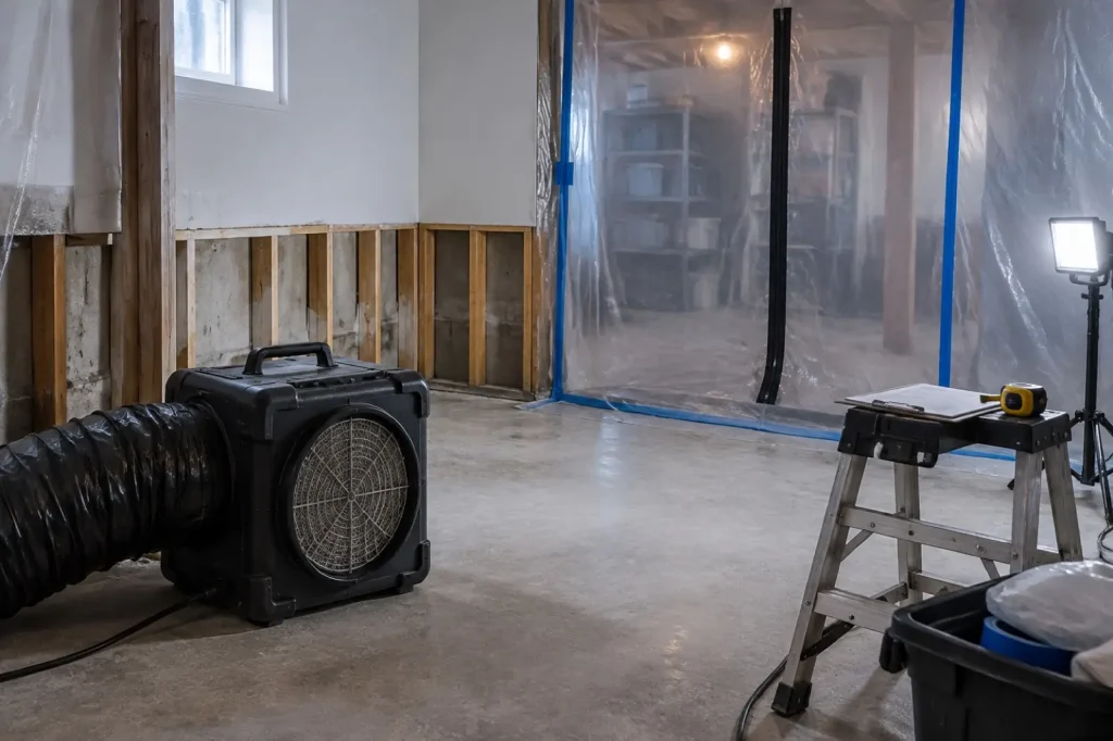 Illustration: a basement wall opened up inside plastic containment with an air scrubber on the floor