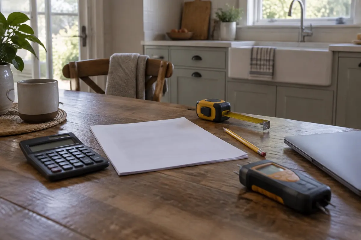 Illustration: a table with a tape measure, a calculator and a moisture meter beside a face down estimate