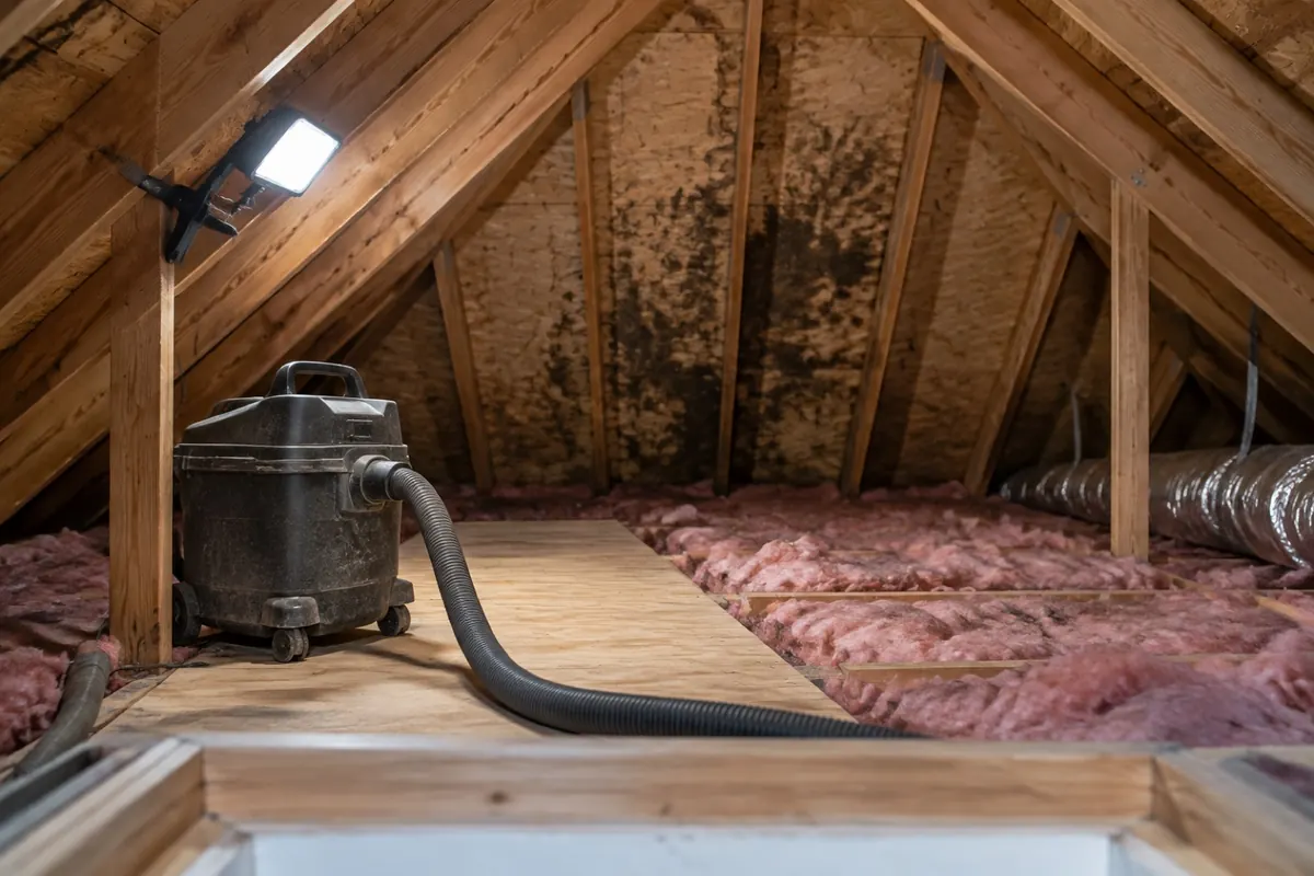 Illustration: an attic with stained roof sheathing, a work light and a HEPA vacuum on a walkway
