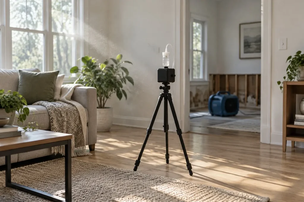 Illustration: an air sampling pump on a tripod in a sunlit room with particles visible in a beam of light
