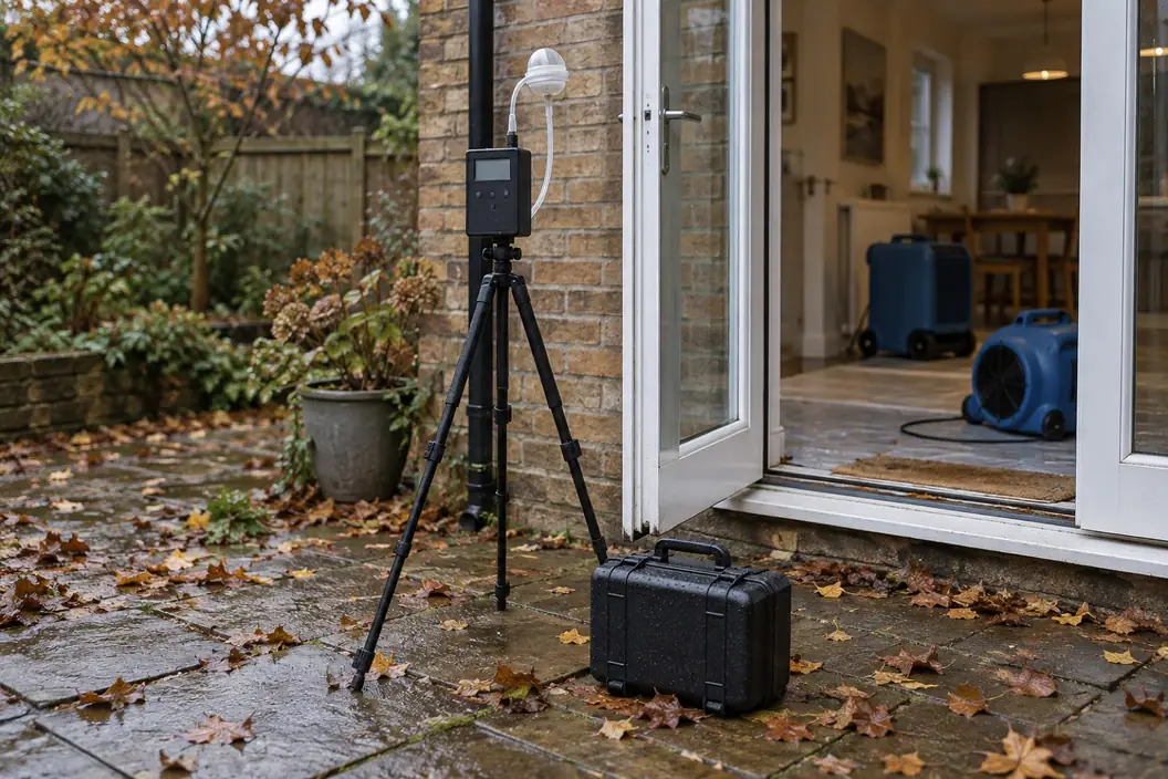 Illustration: an outdoor control air sample being taken on a patio beside an open back door