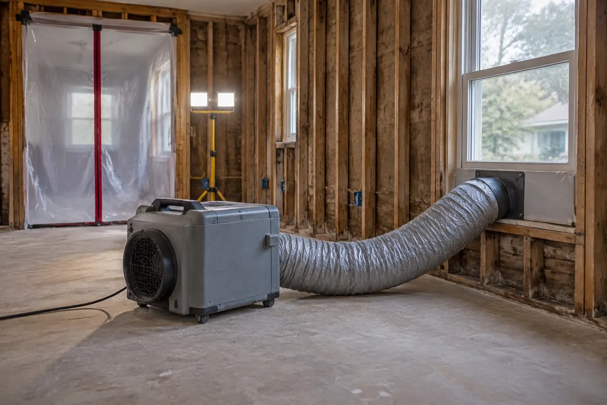 Illustration: a HEPA air scrubber running inside a contained room after drywall removal