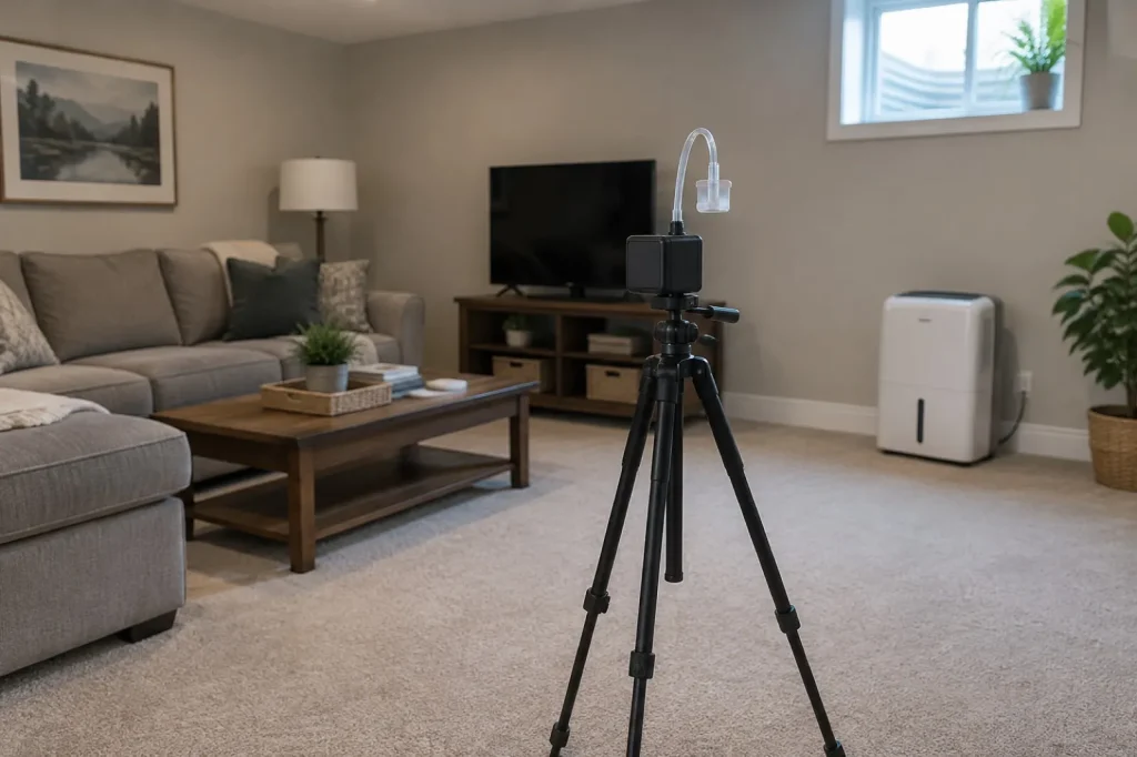 Illustration: an air sampling pump on a tripod in a finished basement room