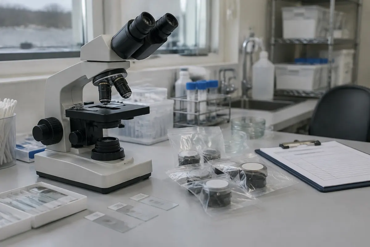 Illustration: a laboratory bench with a microscope, slides and sealed sample cassettes