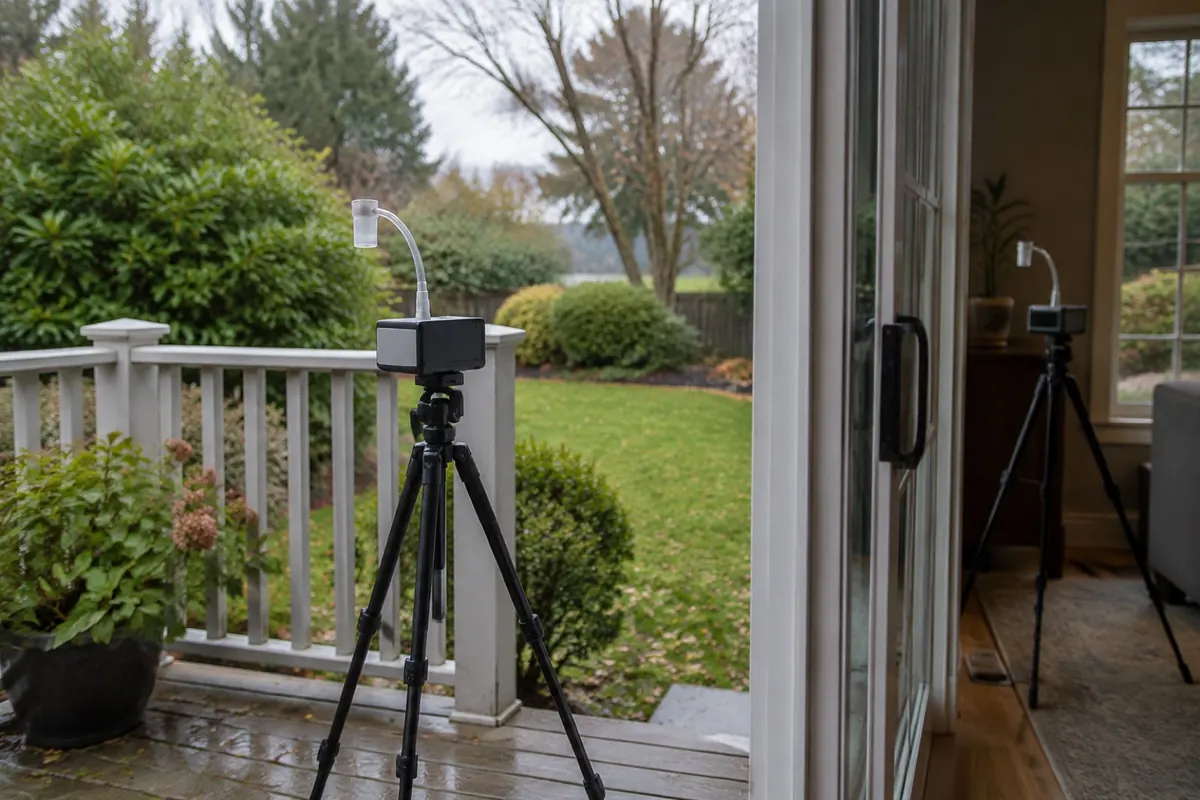 Illustration: matching indoor and outdoor air sampling pumps set up for a control sample