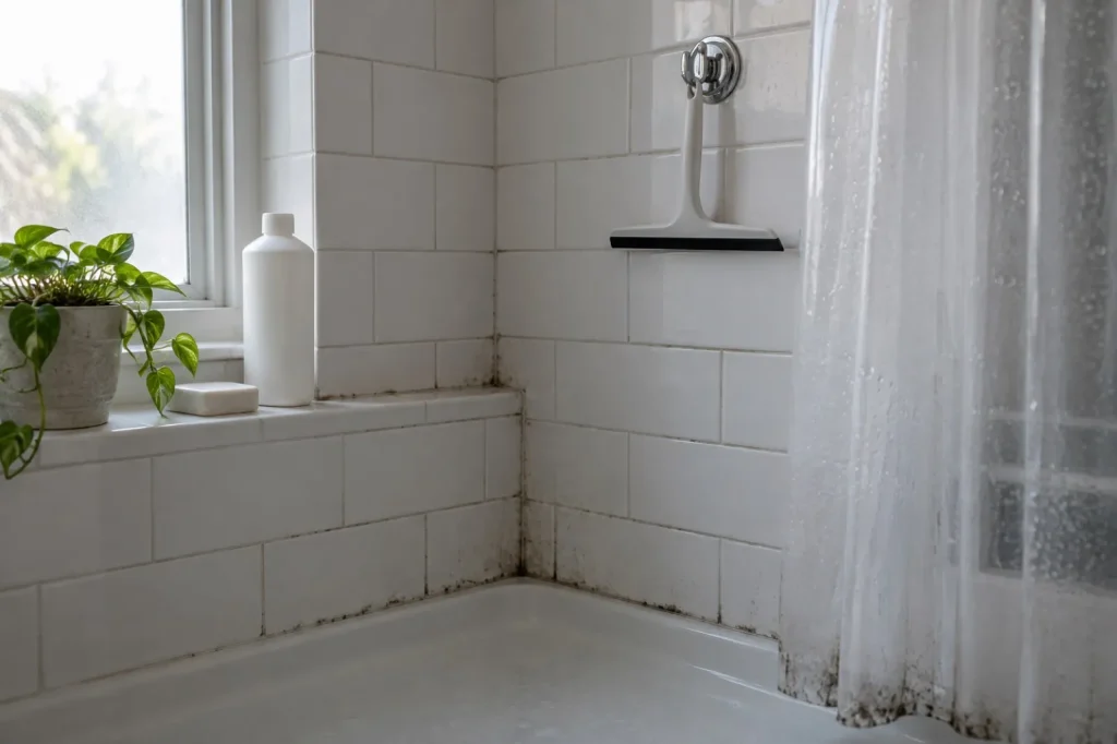 Illustration: grey speckled growth along shower grout lines and the hem of a shower curtain