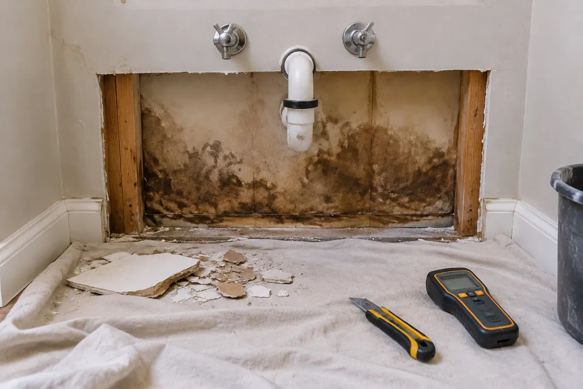 Illustration: a section of drywall cut away to expose staining on the back of the board