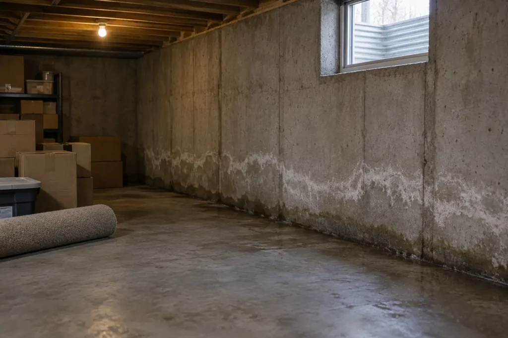 Illustration: unfinished basement with a damp band at the base of the foundation wall and cardboard boxes stored on the slab.