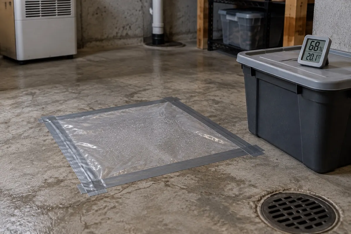 Illustration: a taped plastic sheet moisture test on a basement slab with a hygrometer on a storage bin beside it.