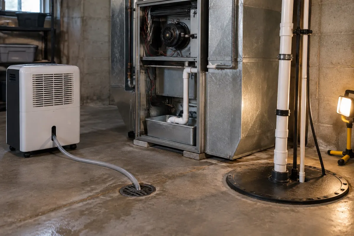 Illustration: basement utility area with an exposed condensate drain pan, a dehumidifier draining to the floor drain and a sealed sump.