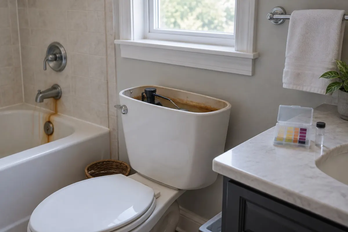Illustration: orange-brown iron staining in a toilet tank and under a tub spout, a look-alike that is not mold