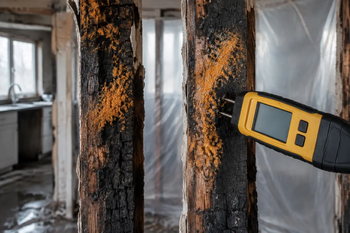 Illustration: an orange powdery bloom on charred framing after a fire, the setting where Neurospora is reported