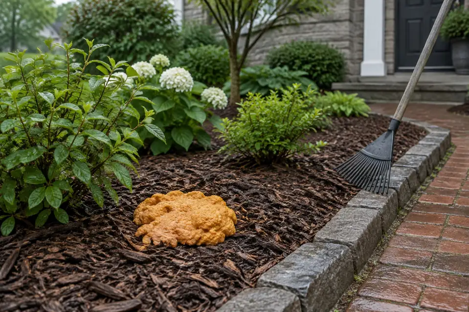 Illustration: a foamy orange slime mold on garden mulch, not a reference image for identifying any organism