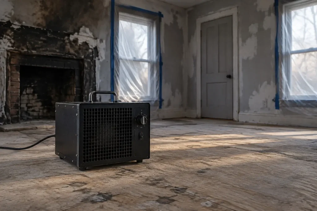 Illustration: a commercial ozone generator running in an empty, sealed room after fire cleanup