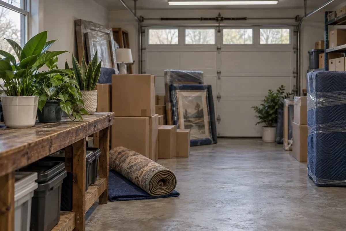 Illustration: plants, art and boxed contents removed from a house before ozone treatment