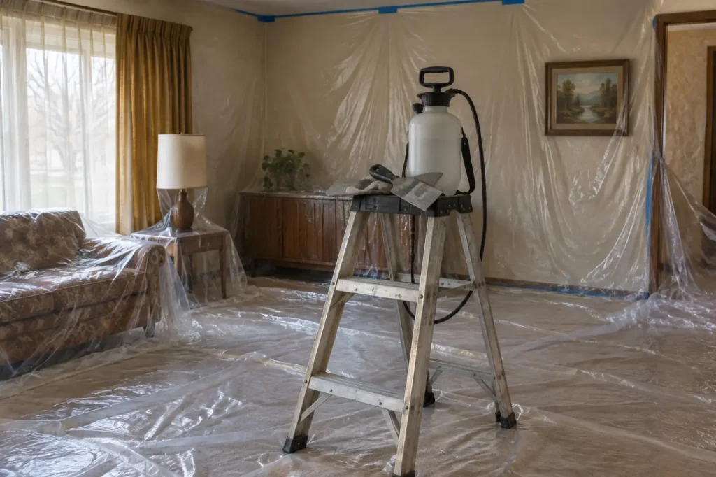 Illustration: an empty room sealed in plastic sheeting with a ladder and pump sprayer ready for wet ceiling work