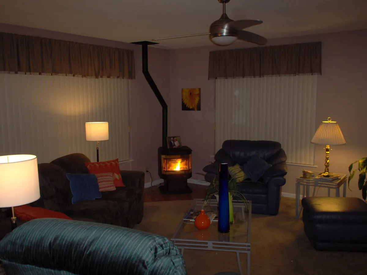 Family room of a 1966 ranch house with a flat acoustic textured ceiling