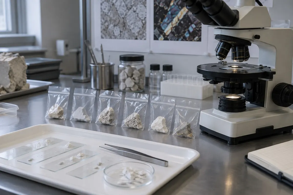 Illustration: a microscope bench with sealed sample bags waiting for analysis