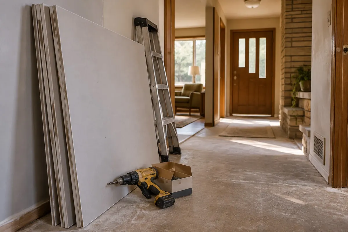 Illustration: new drywall sheets stacked in a hallway ready to be fixed over an old ceiling
