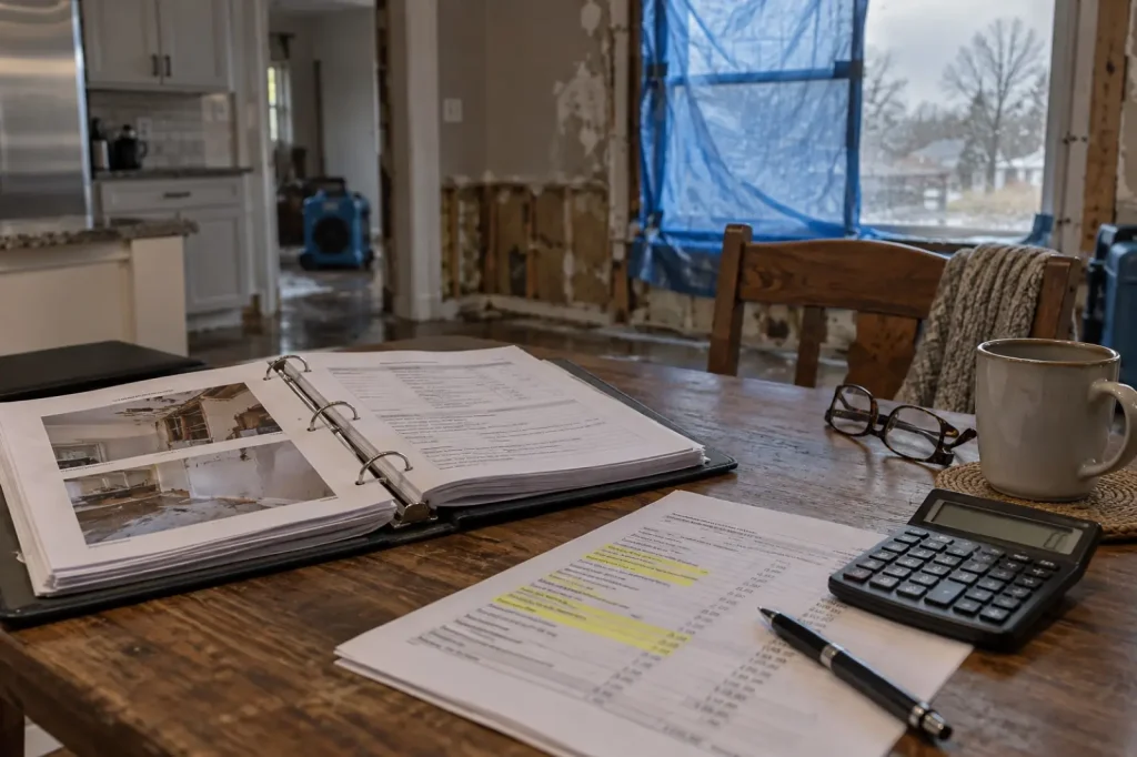 Illustration: insurance policy binder, estimate and calculator on a kitchen table in a storm-damaged home.