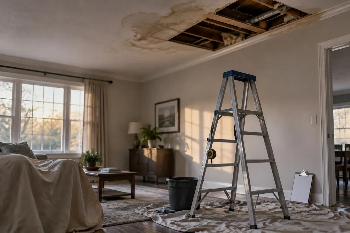 Illustration: water-stained ceiling opened for inspection with a ladder and clipboard.