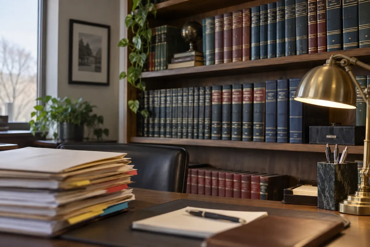 Illustration: shelf of statute books and claim folders in a small office.