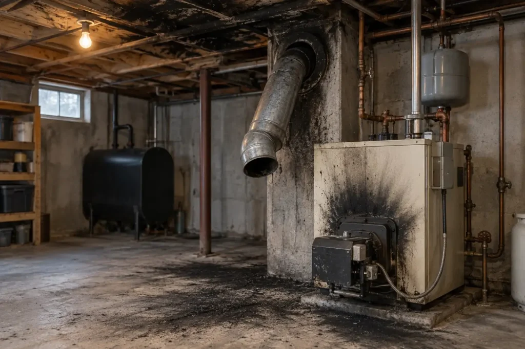 Illustration: an oil boiler room coated in soot with the flue pipe hanging loose
