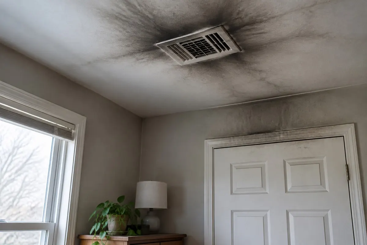Illustration: soot streaks around a ceiling supply register after a furnace puffback