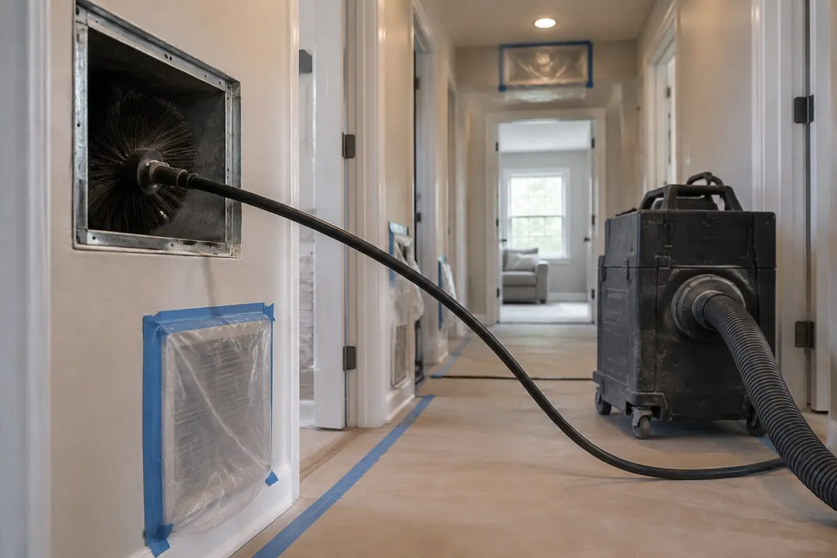 Illustration: duct cleaning equipment and sealed registers during puffback cleanup