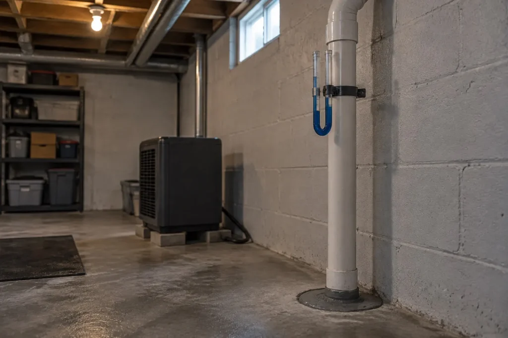 Illustration: a radon suction pipe rising from a basement slab with a small pressure gauge mounted on it