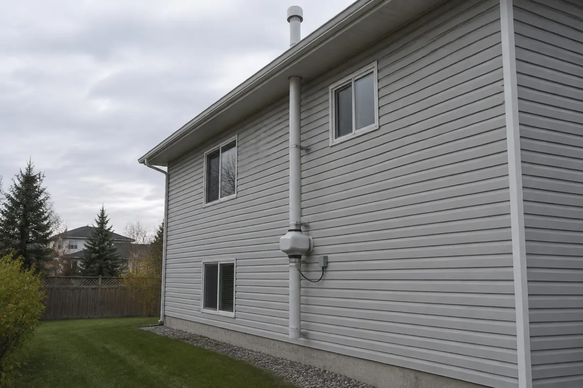 Illustration: an exterior radon fan and vent pipe running up a house wall to above the roof edge