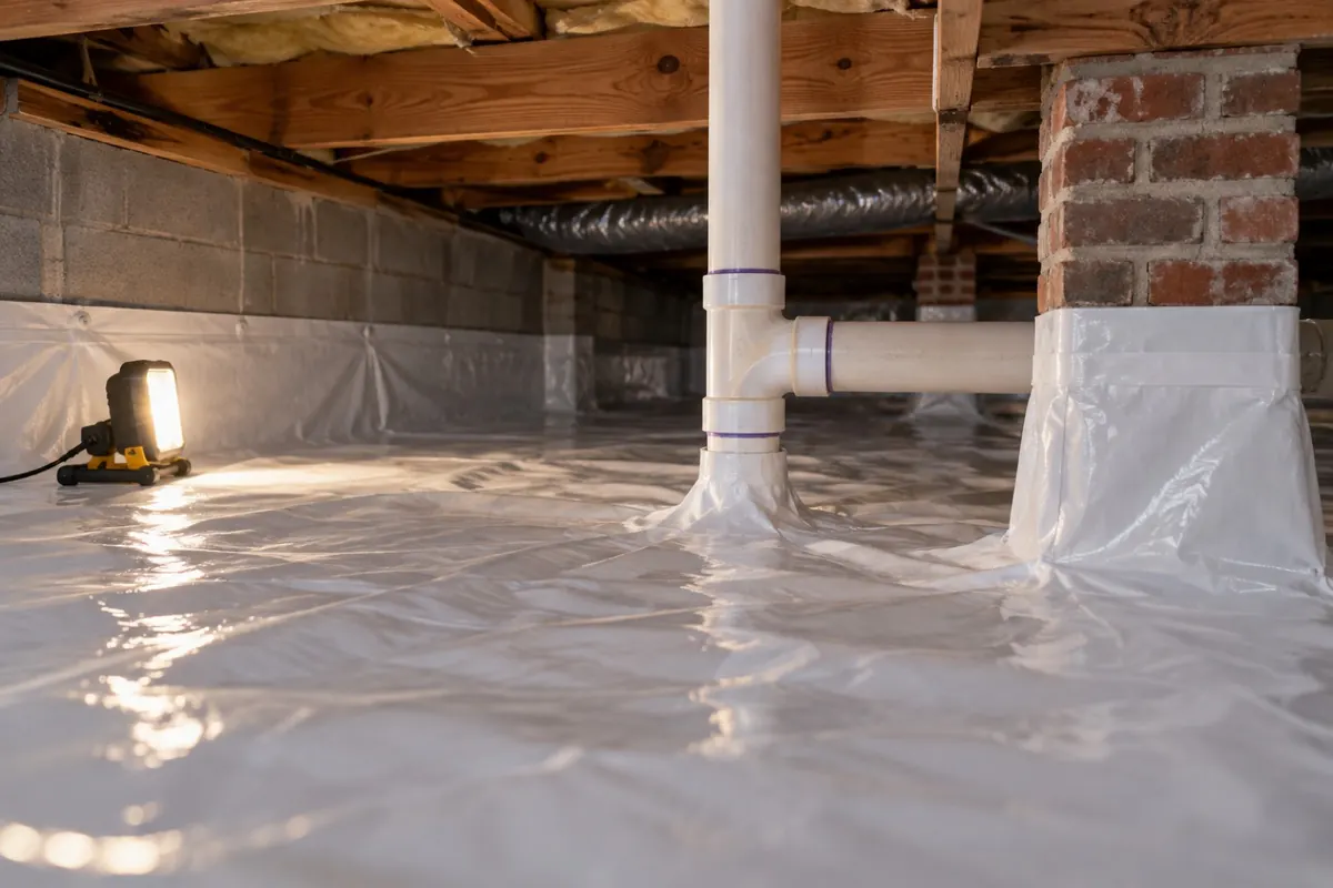 Illustration: a crawl space floor sealed under plastic sheeting with a suction pipe rising from beneath it
