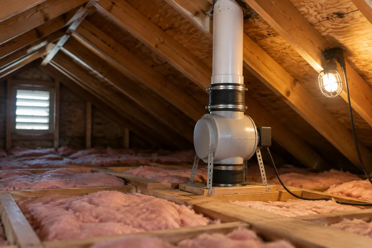 Illustration: an inline fan on a vertical vent pipe in an attic