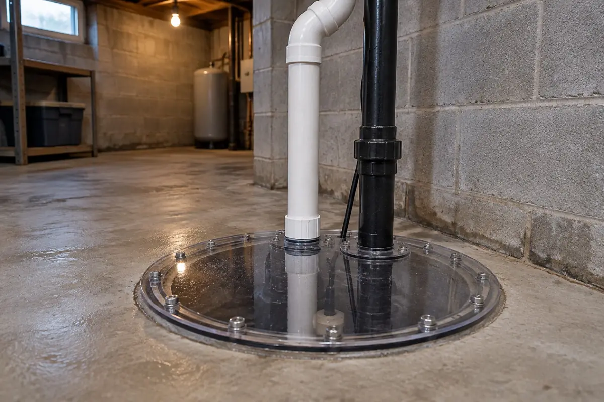Illustration: a sealed sump lid with a suction pipe rising beside the pump discharge