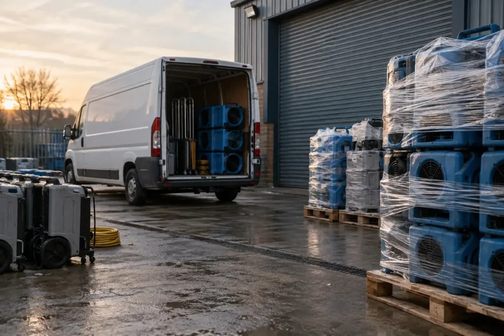 Illustration: an unmarked work van and palletised drying equipment in a small company yard.