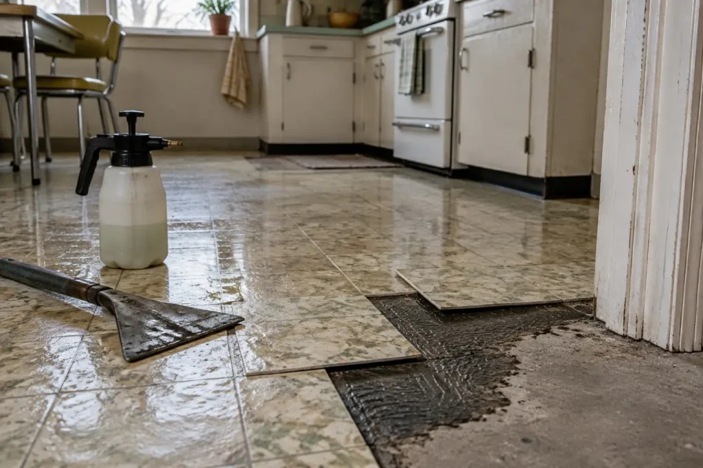 Illustration: old vinyl floor tiles partly lifted to show black adhesive on concrete, with a hand scraper and sprayer