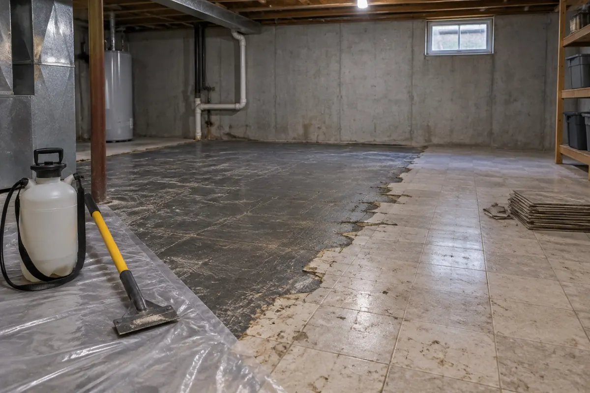 Illustration: a concrete floor with old tiles removed and a thin film of adhesive left, with a scraper and sprayer for wet methods