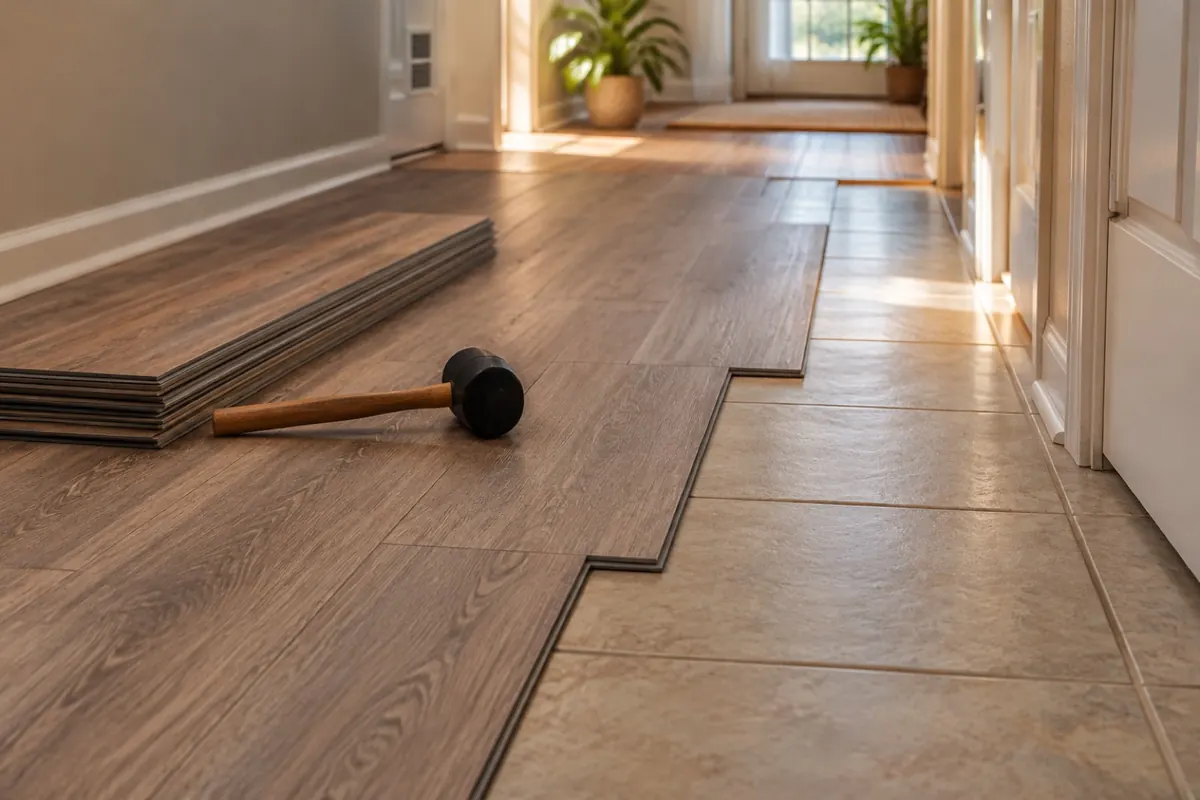 Illustration: new plank flooring installed over an intact older tile floor rather than removing it