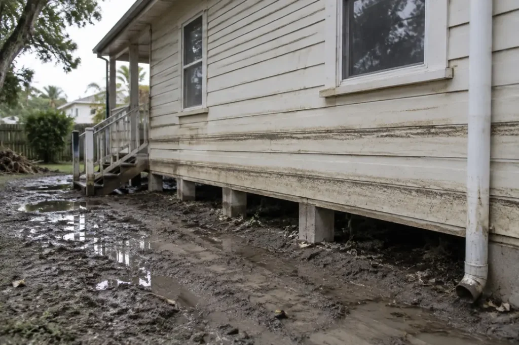 Illustration: an older house wall marked by several past flood lines.