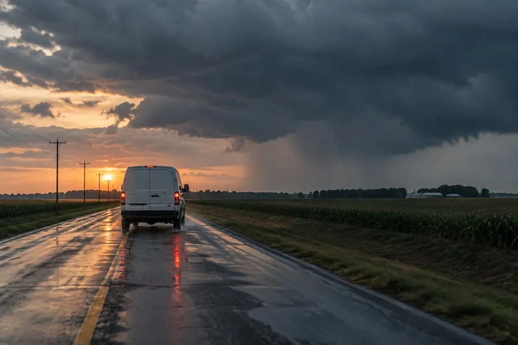 Illustration: a single unmarked work van on a rural road heading toward storm clouds.