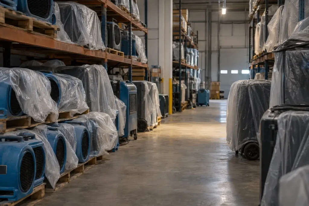 Illustration: a warehouse of idle drying equipment stacked in racks, representing surge capacity between events.