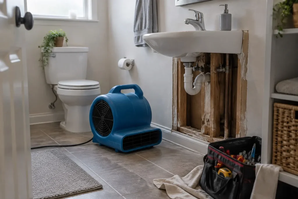 Illustration: a small contained repair in a residential bathroom with one air mover and a limited opened section of wall.