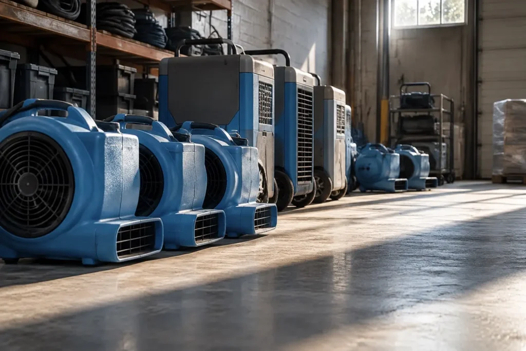 Illustration: drying equipment staged in a warehouse bay under late summer light.