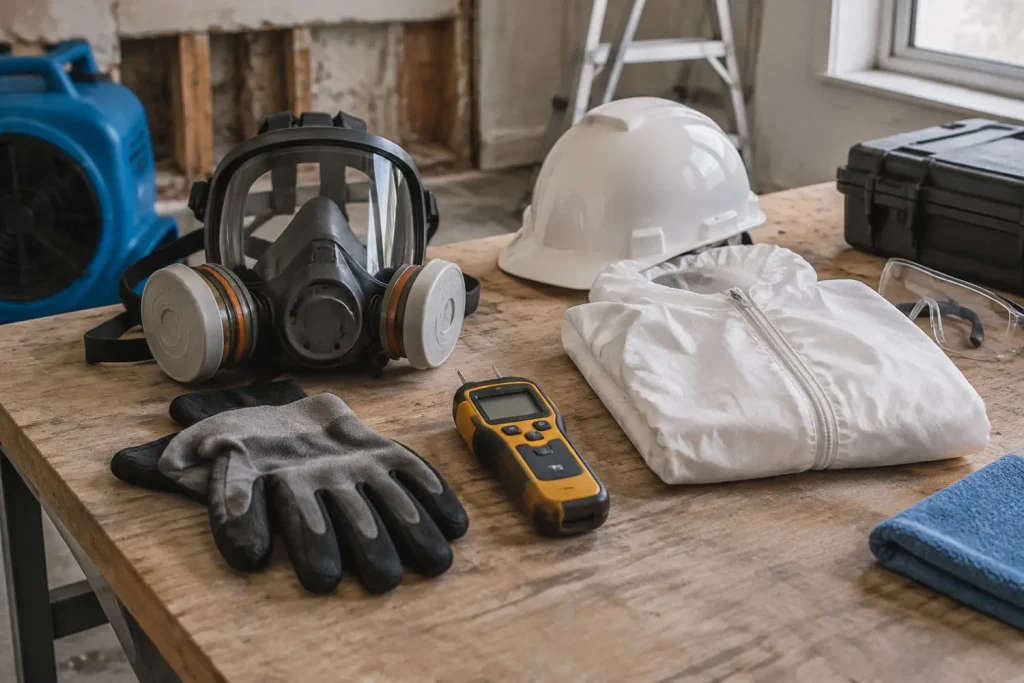 Illustration: restoration protective equipment and a moisture meter laid out on a workbench.