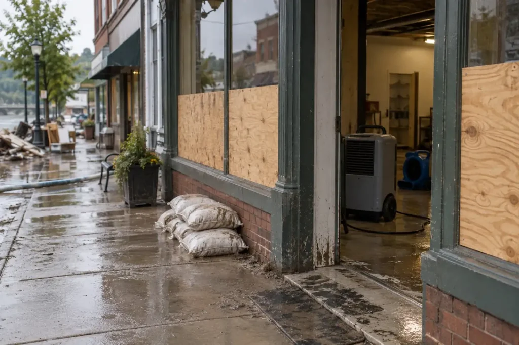 Illustration: a small-town storefront under repair after a flood.