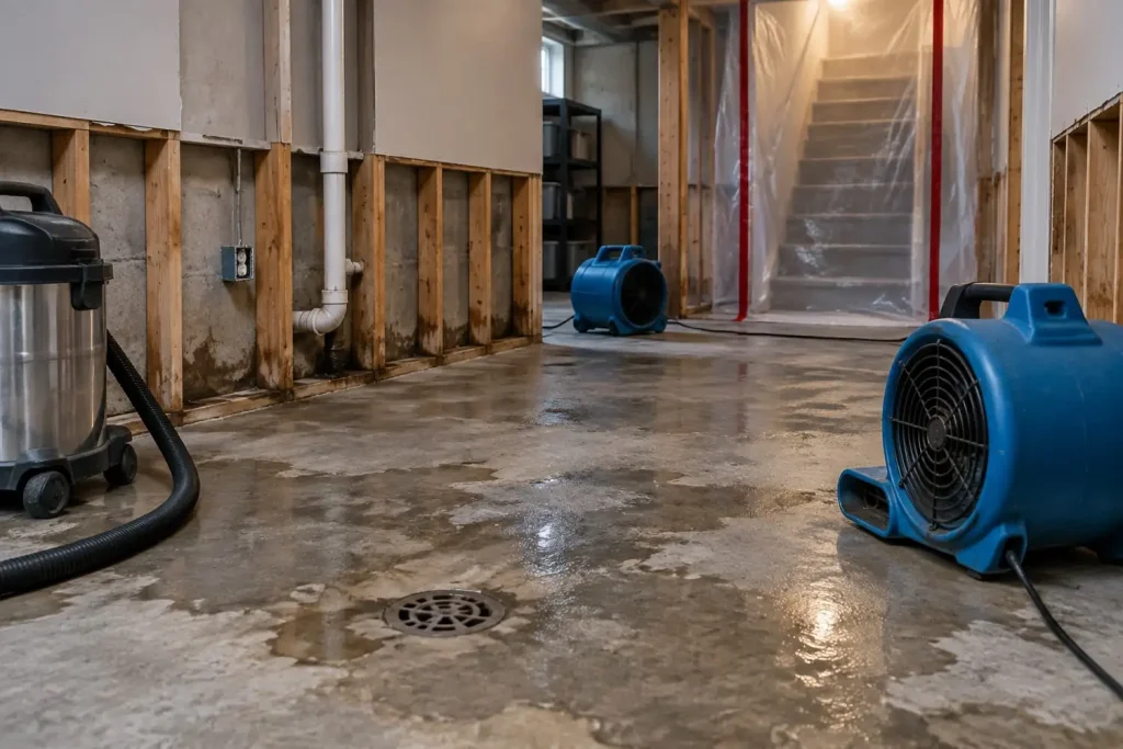 Illustration: a basement after sewage extraction, with floor staining, drywall cut back and containment at the stairway.