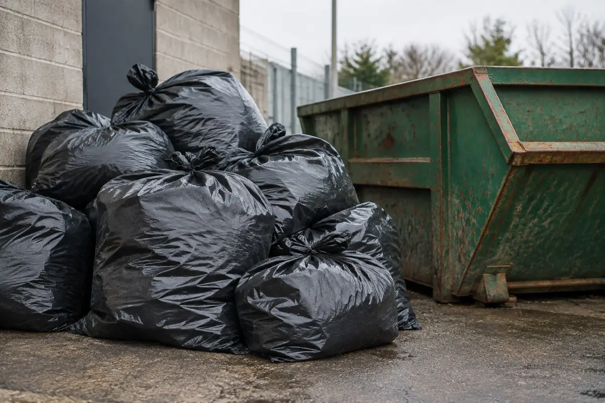 Illustration: sealed heavy duty disposal bags stacked beside a skip.