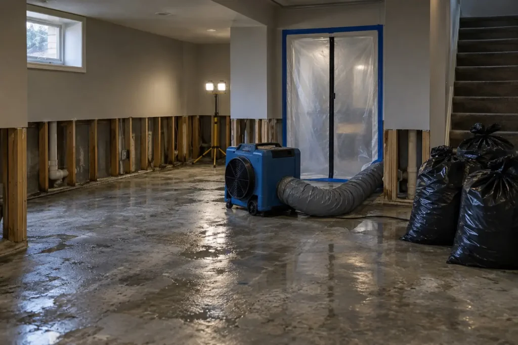 Illustration: a basement after sewage damage cleanup removal, with a flood cut, bare slab and plastic containment at the doorway