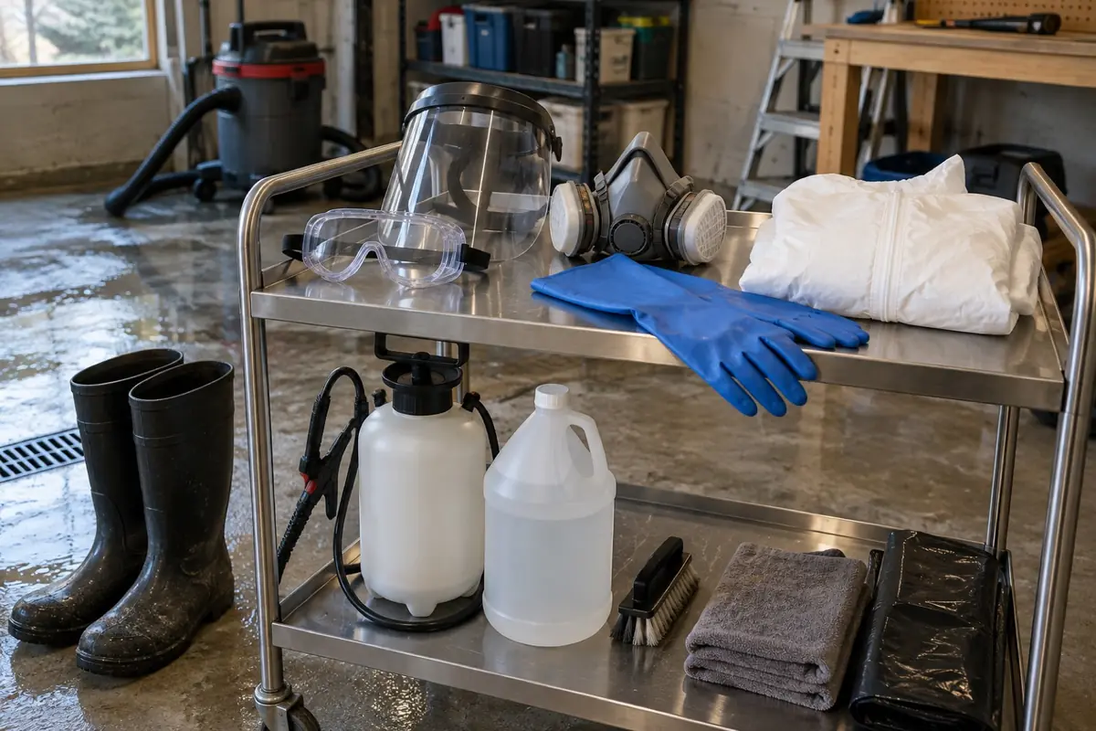 Illustration: protective equipment laid out for sewage cleanup work